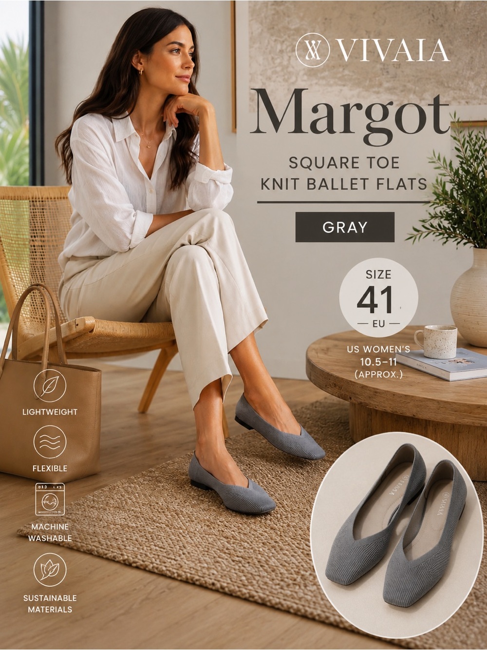 VIVAIA Margot Square Toe V-Cut Knit Ballet Flats Gray Size EU41 US10.5-11